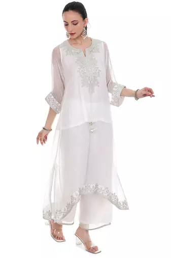 white tissue kaftan with embroidered zari work