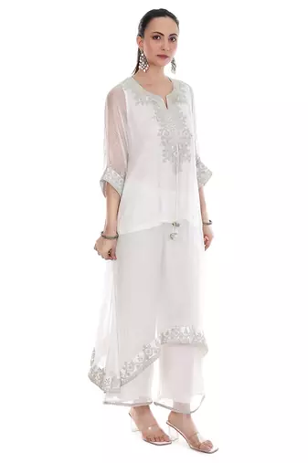 white tissue kaftan with embroidered zari work