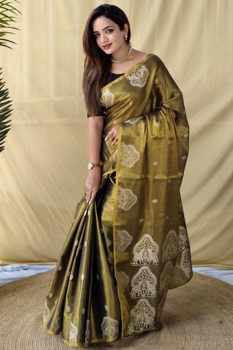 Brown zari tissue weaving saree with all over elephant pattern motifs on border
