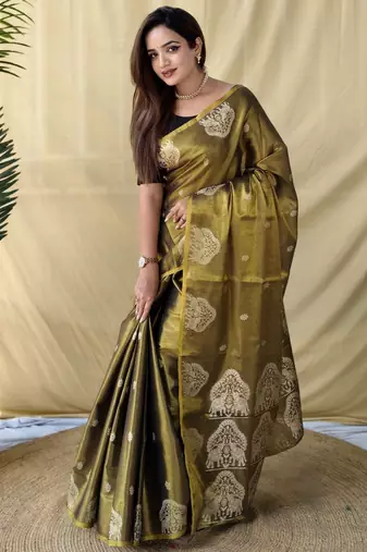 Brown zari tissue weaving saree with all over elephant pattern motifs on border