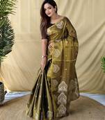 brown tissue saree with elephant motif zari border