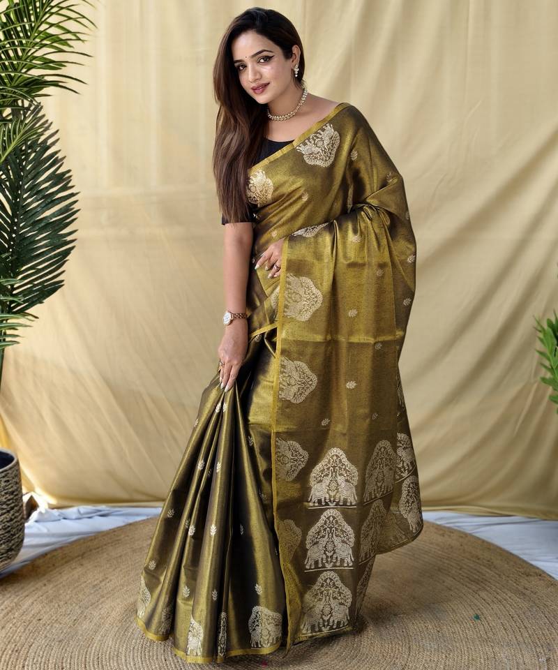 Brown zari tissue weaving saree with all over elephant pattern motifs on border