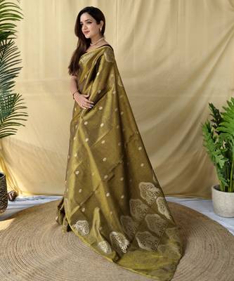 brown tissue saree with elephant motif zari border 2