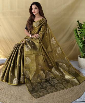 brown tissue saree with elephant motif zari border 3