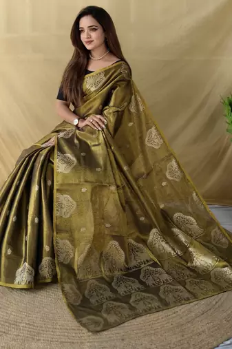 brown tissue saree with elephant motif zari border