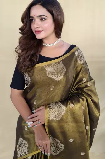 brown tissue saree with elephant motif zari border