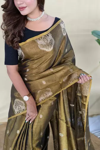 brown tissue saree with elephant motif zari border