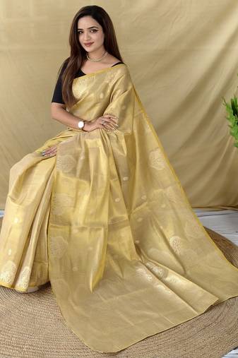 Beige zari tissue weaving saree with all over elephant pattern motifs on border