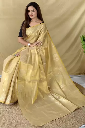 Beige zari tissue weaving saree with all over elephant pattern motifs on border