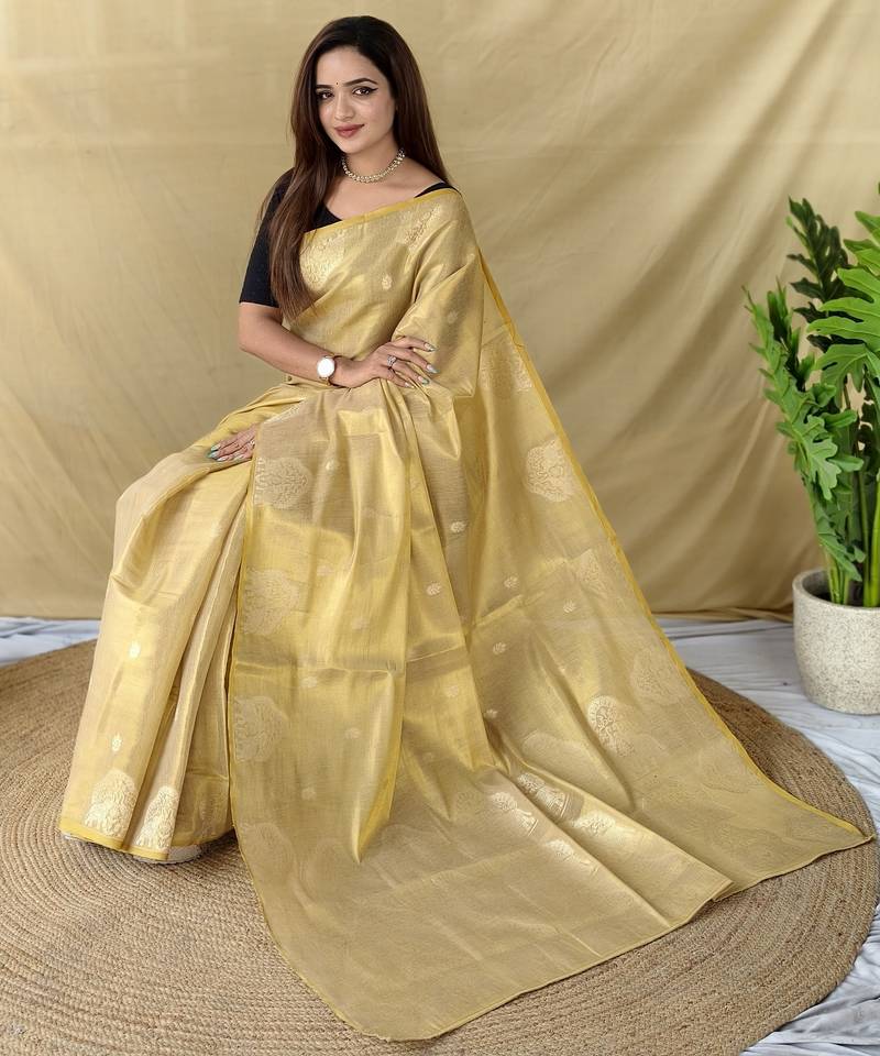 Beige zari tissue weaving saree with all over elephant pattern motifs on border