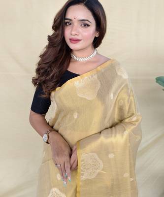 beige tissue saree with woven elephant border design 4