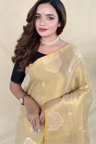beige tissue saree with woven elephant border design