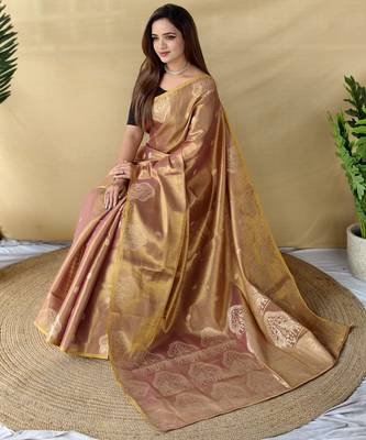 onion pink tissue saree with zari woven elephant border 2