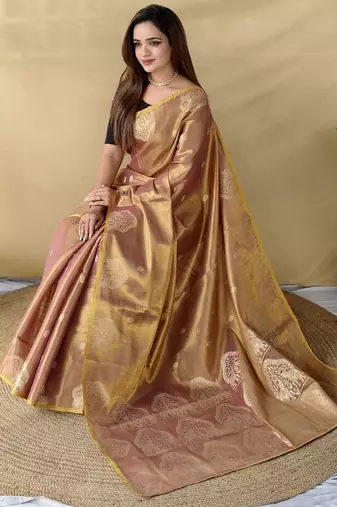 onion pink tissue saree with zari woven elephant border