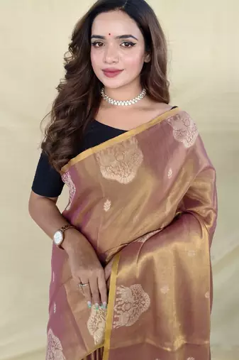 onion pink tissue saree with zari woven elephant border