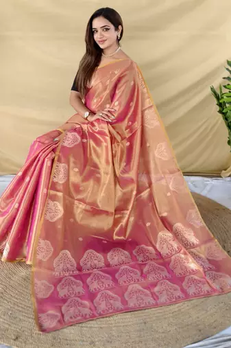 Pink zari tissue weaving saree with all over elephant pattern motifs on border