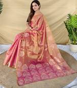 pink tissue saree with elephant motif woven border