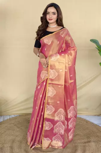pink tissue saree with elephant motif woven border