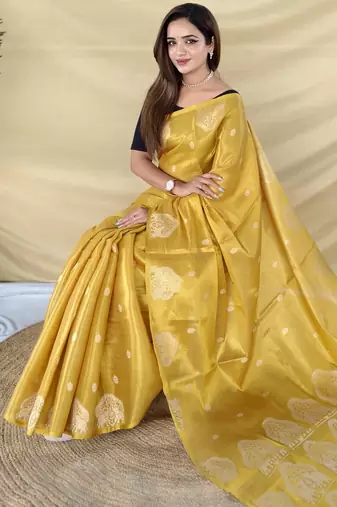 Yellow zari tissue weaving saree with all over elephant pattern motifs on border