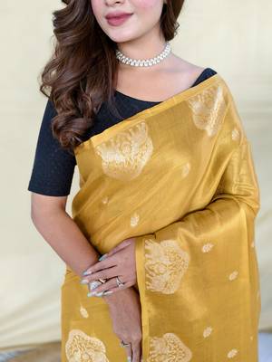 yellow tissue saree with zari elephant border design 3