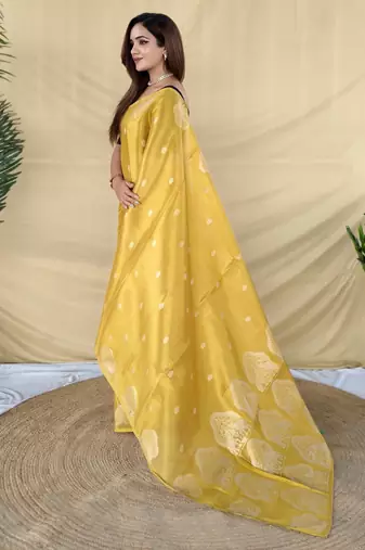 yellow tissue saree with zari elephant border design
