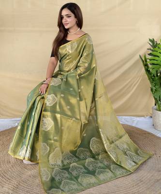 green tissue saree with zari elephant border design 1