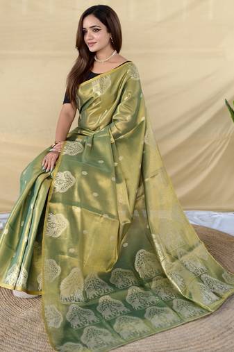 Green zari tissue weaving saree with all over elephant pattern motifs on border