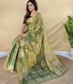 green tissue saree with zari elephant border design