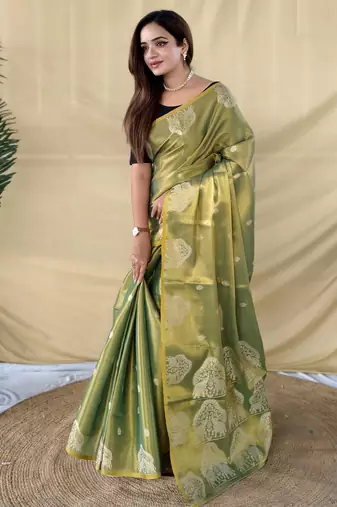green tissue saree with zari elephant border design