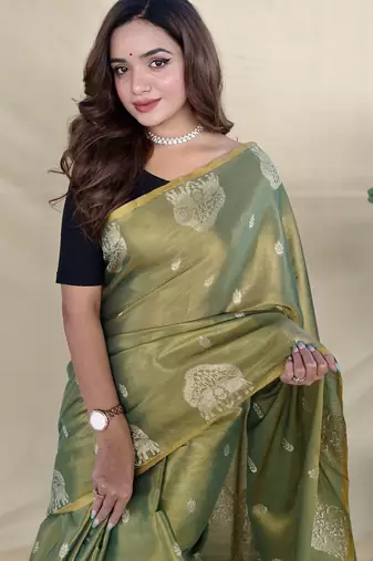 green tissue saree with zari elephant border design