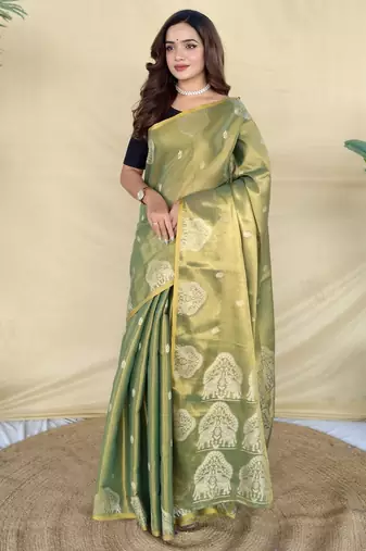 green tissue saree with zari elephant border design