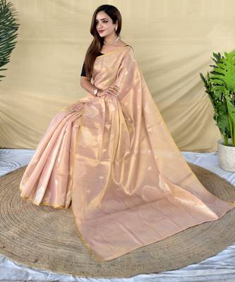 light pink tissue saree with zari elephant border design 1