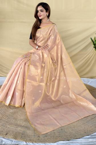 Light pink  zari tissue weaving saree with all over elephant pattern motifs on border