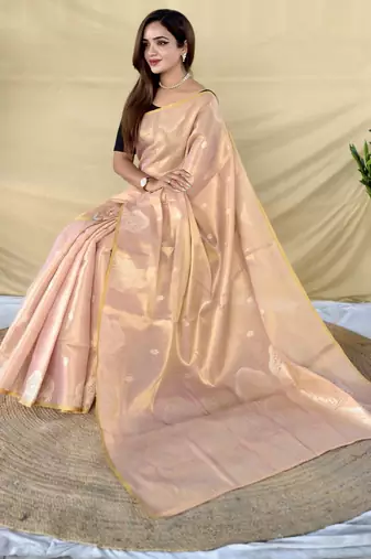 Light pink  zari tissue weaving saree with all over elephant pattern motifs on border