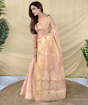 light pink tissue saree with zari elephant border design 2