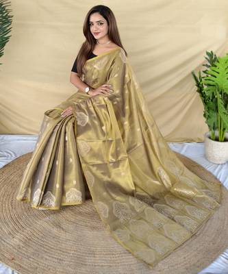 green tissue saree with zari elephant motif border 1