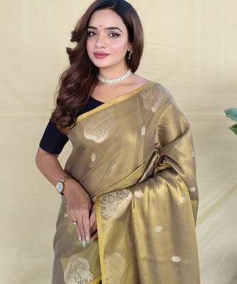 green tissue saree with zari elephant motif border 3