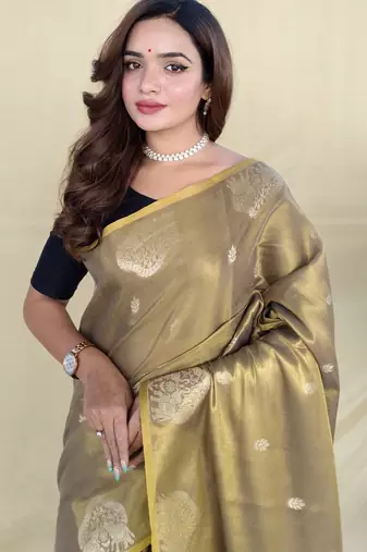 green tissue saree with zari elephant motif border