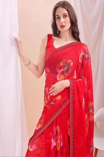 Floral sequinned poly chiffon designer saree