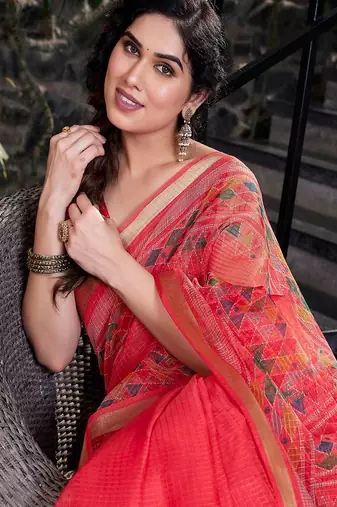 Pink & green checked zari organza saree