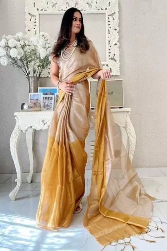 Colourblocked printed tissue saree