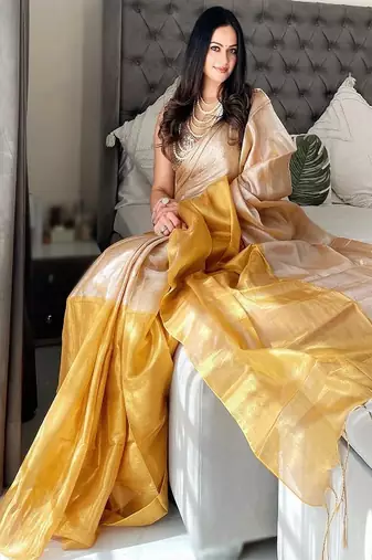 Colourblocked printed tissue saree
