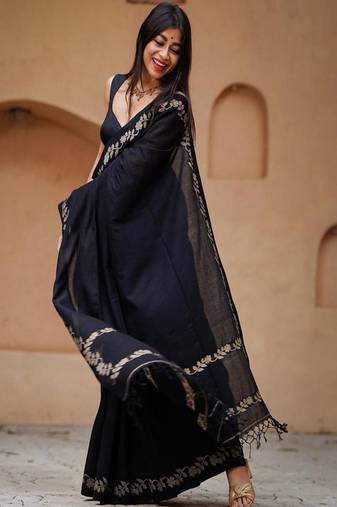 Elegant black soft silk gold floral border sarees