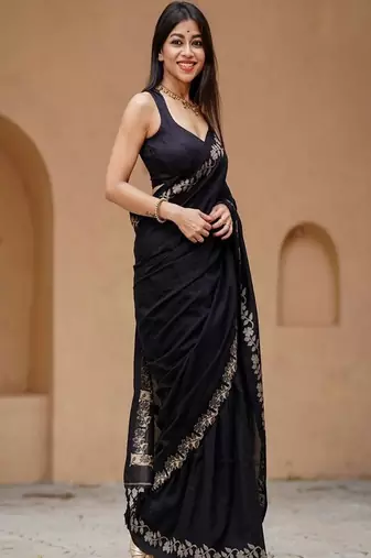 Elegant black soft silk gold floral border sarees