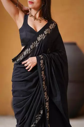 Elegant black soft silk gold floral border sarees