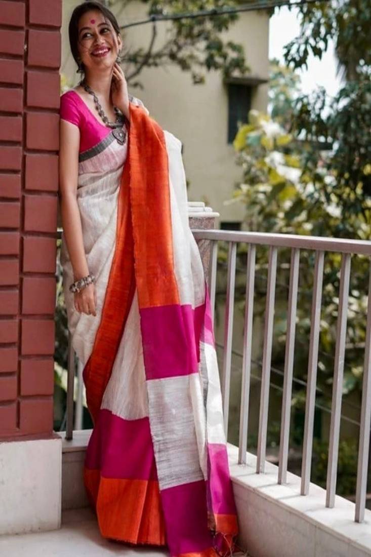 Colourblocked khadi saree
