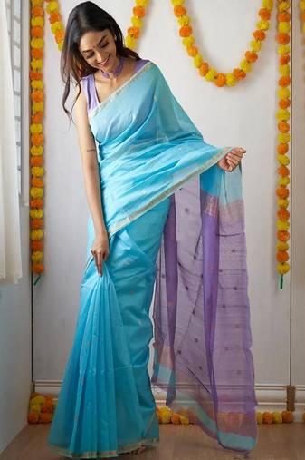 Blue silk blend woven design sarees