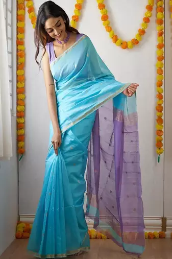 Blue silk blend woven design sarees