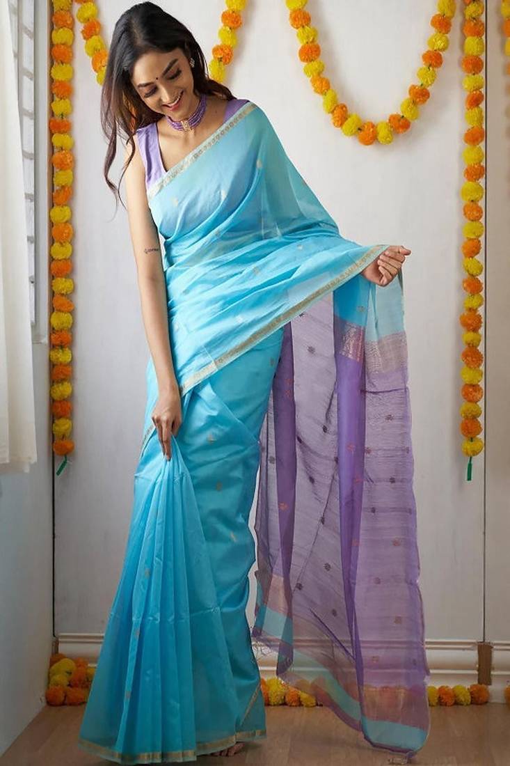 Blue silk blend woven design sarees
