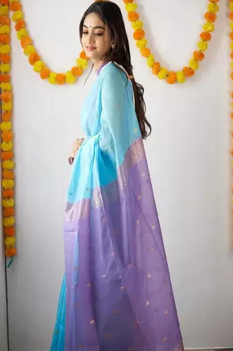 Blue silk blend woven design sarees